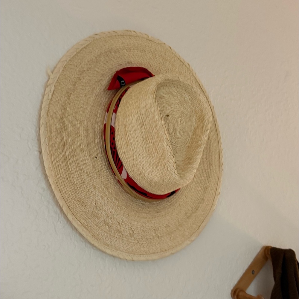 Brixton Straw Wide-Brim Hat with Red Scarf Accent